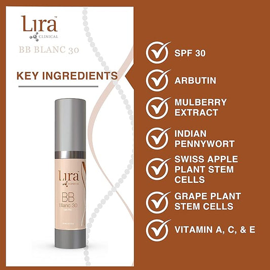 Lira Clinical BB Cream - SPF 30 Tinted BB Cream with PSC & Vitamins - Full Coverage - 0.7 fl oz. (Blanc 30)