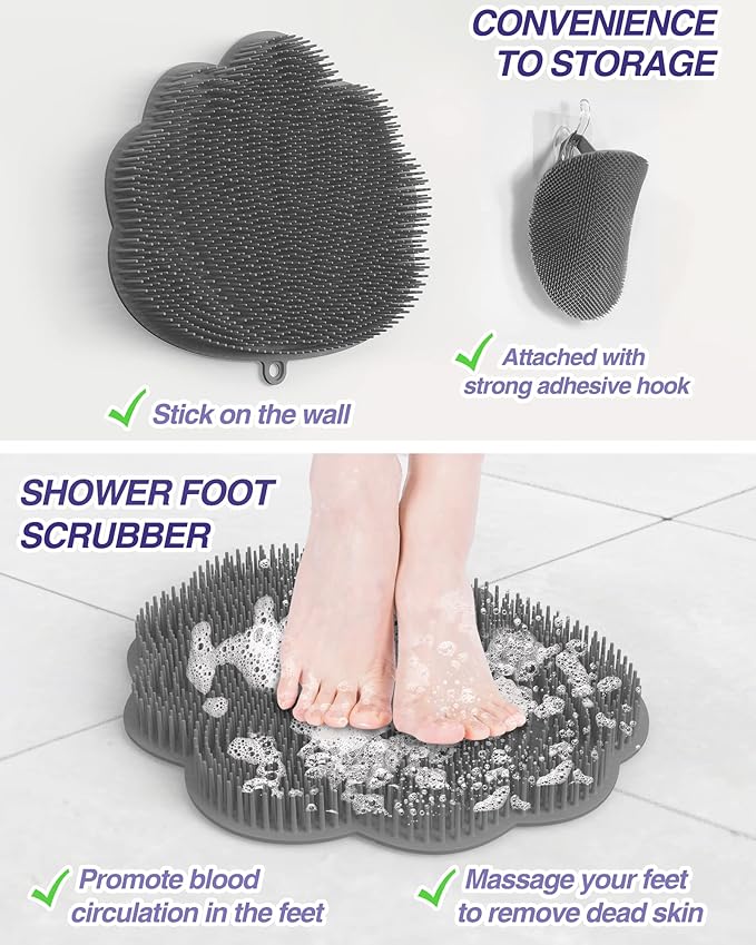 Manmihealth Upgrade Shower Foot Massager Scrubber & Bath Glove Set(2 PCS), Hands-Free Back Scrubber for Shower, Wall-Mounted Shower Brush with Body & Face Scrubber and Free Adhesive Hook. (Gray)