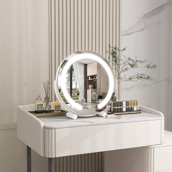 Vanity Mirror with Lights, 12 Inch Light Up Makeup Mirror, LED Makeup Mirror with Lights for Bedroom Tabletop, Smart Touch Control 3 Colors Dimmable, 360Β° Rotation, White
