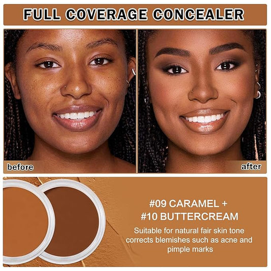 2PCS Under Eye Concealer for Dark Circles Color Correcting,Pro Concealer Full Coverage Tattoo Cover up Makeup,Long-lasting Corrector de Ojeras (09 Caramel+10 Buttercream)
