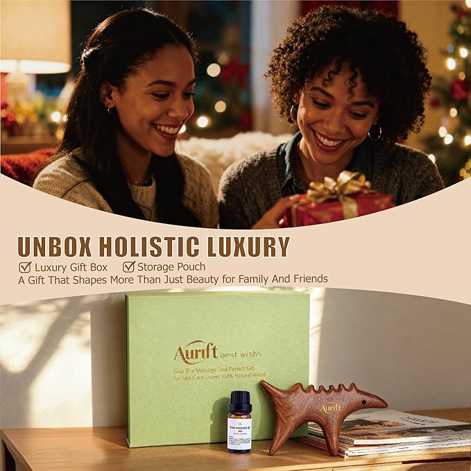 Body Gua Sha Tool Set with Rose Oil, Christmas Gifts for Adults Women, Wood Therapy Massage Tools for Body & Face, Lymphatic Drainage Massager for Relaxation, Deep Tissue Massage & Foot Care