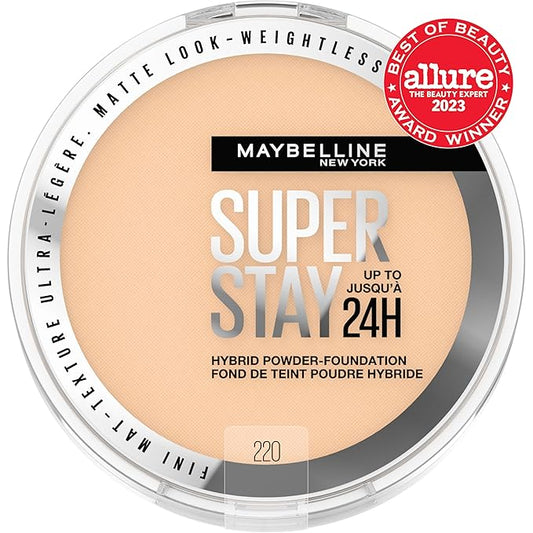 Maybelline Super Stay Up to 24HR Hybrid Powder-Foundation, Medium-to-Full Coverage Makeup, Matte Finish, 220, 1 Count
