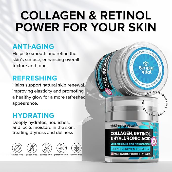SimplyVital Collagen, Retinol & Hyaluronic Acid Cream - Anti-Aging Face Moisturizer for Face, Firming Skin Care Neck & DΓ©colletΓ© - Made in USA, Daily Moisturizer Face Cream Day & Night - 1.7 fl.oz.