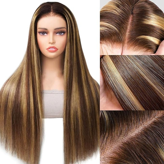 Highlight Ombre Lace Front Wig Human Hair 200% Density Highlight Wig Human Hair 7x5 Ombre Straigtht Honey Blonde Wig 24 Inch Brown Highlighted Wig Pre Plucked With Baby Hair