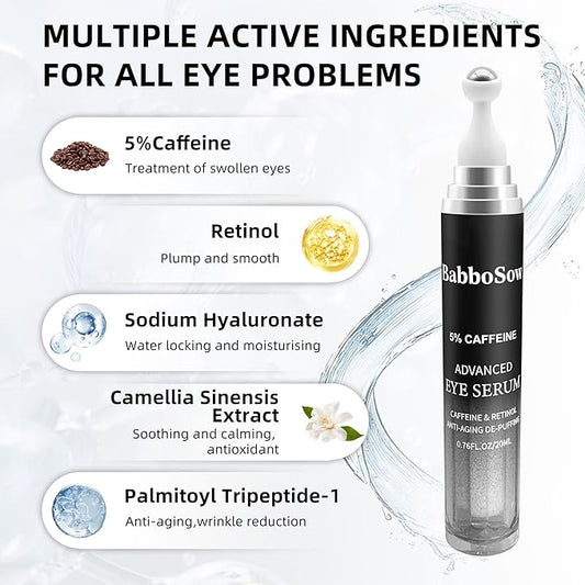 5% Caffeine Eye Serum, Anti-Aging Eye Cream with 360Β°Massage Roller, Eye Serum for Dark Circles and Puffiness, Reduces Fine Lines and Puffiness Under the Ryes, 20ML, For Men and Women.