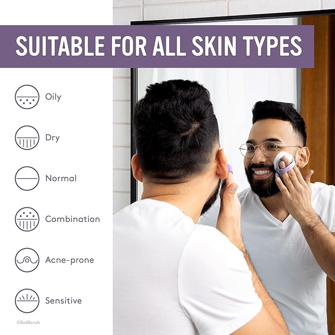 Sud Scrubยฎ Antimicrobial Silicone Face Scrubber, 1 Pack, Gentle Face Exfoliator for Sensitive Skin, Eco Friendly Facial Cleansing Brush, Exfoliating Face Brush for Men and Women (Purple)