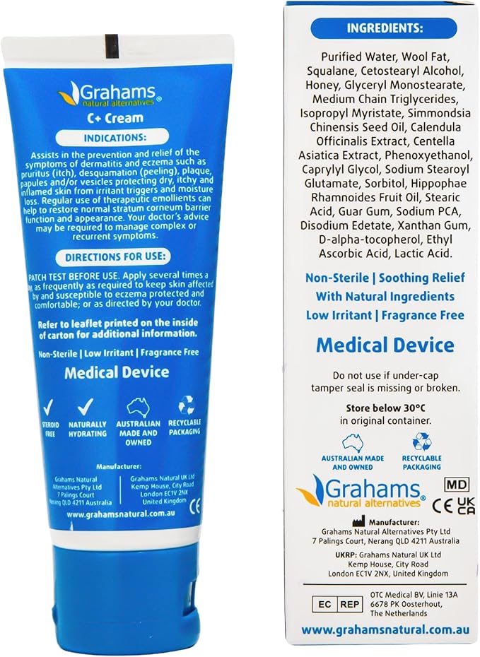C+ Eczema & Dermatitis Cream - All-Natural & Steroid-Free - Manuka Honey & Calendula - Clinically Proven Eczema Cream - Moisturizing Lotion for Extremely Dry Skin, Itch Relief (1.76oz)
