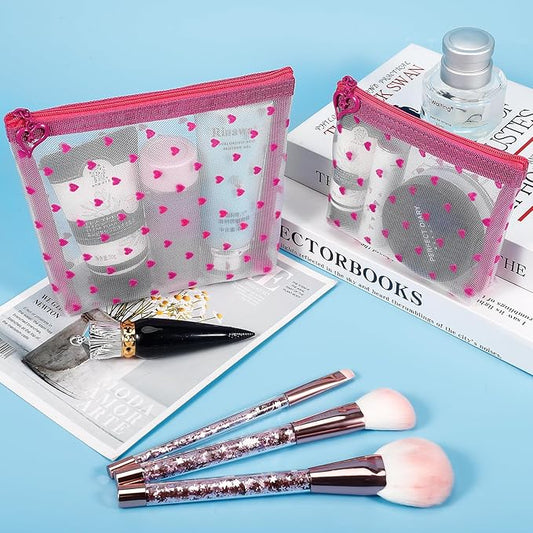 6 Pack Mini Zipper Mesh Makeup Bags, Heart Print Nylon Cosmetic Bags Toiletry Bags for Office Travel Organization (Widened-Hot Pink, XS)