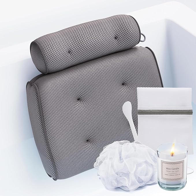 SunSerenity Luxury Bath Pillow for Tub - Relaxing Bath Tub Accessory β Bath Tub Pillow for Head and Back, Unscented Candle, Sponge Loofah, Laundry Bag, & Suction Tool β Grey on Grey