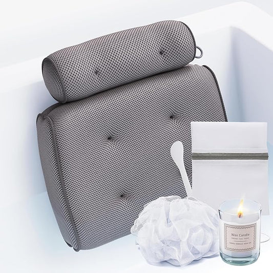 SunSerenity Luxury Bath Pillow for Tub - Relaxing Bath Tub Accessory β Bath Tub Pillow for Head and Back, Unscented Candle, Sponge Loofah, Laundry Bag, & Suction Tool β Grey on Grey