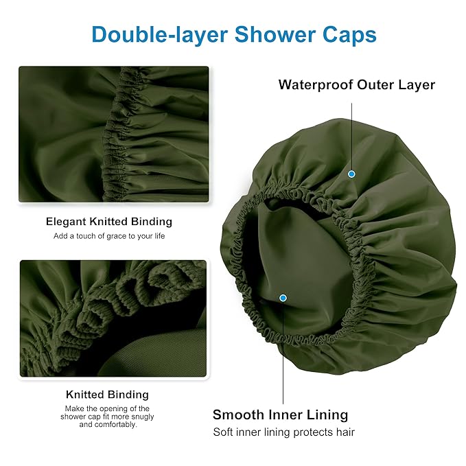 Shower Cap for Women Set of 4, 1 Double-Layer Waterproof Bath Cap + 3 Single-Layer Waterproof Shower Caps β Reusable Hair Protector, TPU Coated Elastic Bathing Cap for Women & Men - Dark Green