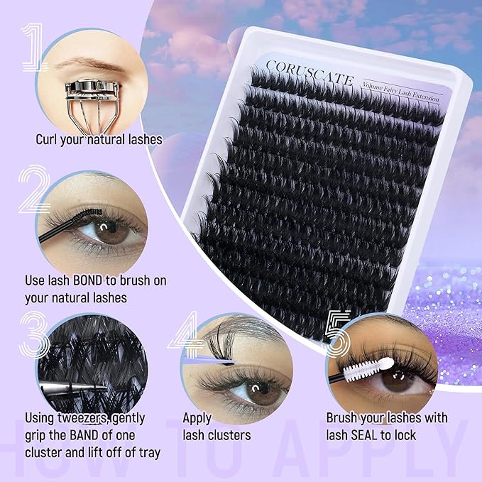 Lash Clusters Kit with Spikes Lashes Extension Kit Volume DIY Fairy Eyelashes Clusters 10-16mm Cluster Eyelash Extensions Thick Individual Lashes Spiky with Cluster Glue Lashes Kit by CORUSCATE