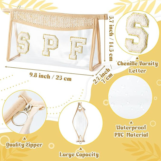 Boho Patch Cosmetic Bag - Summer Gifts SPF Chenille Varsity Letter Toiletry Kit Beige Clear Waterproof Travel Makeup Bag PVC Zipper Clutch Daily Use Purse for Women Girls