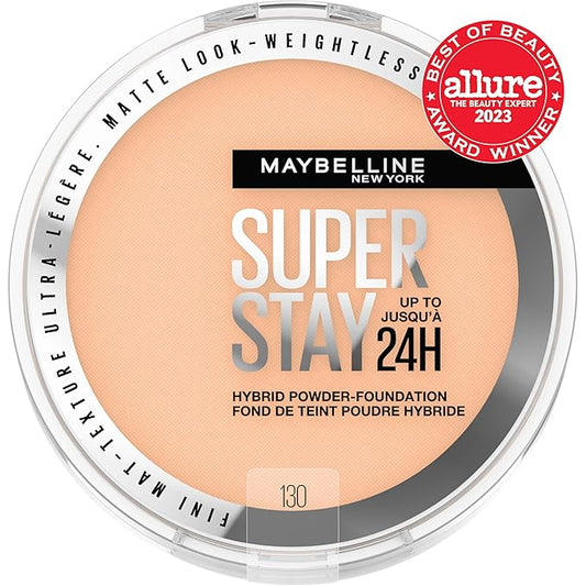Maybelline Super Stay Up to 24HR Hybrid Powder-Foundation, Medium-to-Full Coverage Makeup, Matte Finish, 130, 1 Count