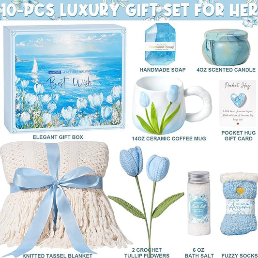 Birthday Gifts for Women Self Care Set Get Well Soon Gift Baskets, Relaxing Bluebell Spa Gift Basket Care Package for Women, Unique Christmas Mom Gifts for Her Girlfriend Sister Friend Wife Grandma