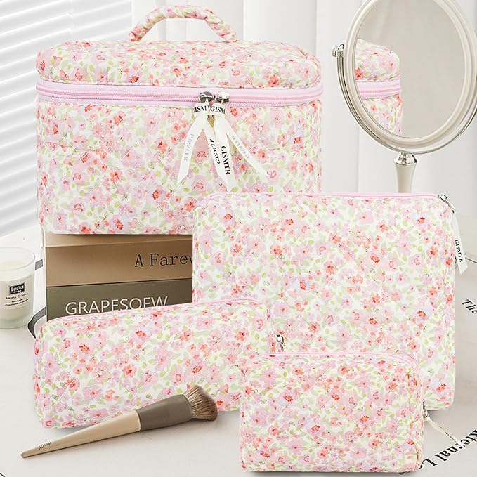 4Pcs Quilted Makeup Bag Set Cute Floral Cosmetic Bag Cotton Coquette Make up Bag Aesthetic Travel Toiletry Bag for Women Girls
