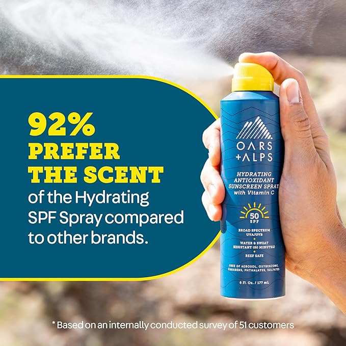 Oars + Alps Hydrating SPF 50 Sunscreen Spray, Naturally Derived Skin Care Infused with Vitamin C and Antioxidants, Water and Sweat Resistant, 6 Oz, 1 Pack