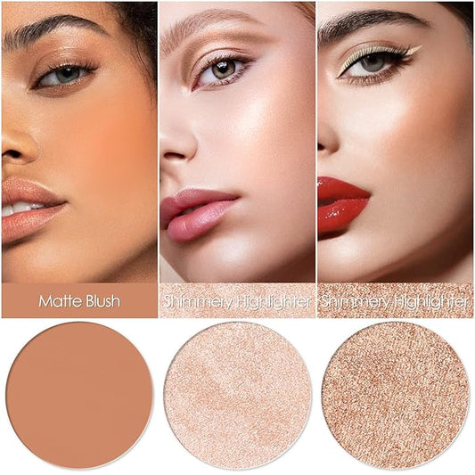 FOCALLURE Blush and Highlighter Palette,3 in 1 Makeup Powder Cruelty-Free Matte Blush,Shimmer Illuminator Highlighters for a Glowing Look,#02