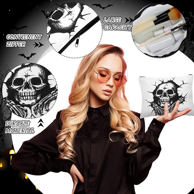 Kajaia 12 Pcs Gothic Skeleton Makeup Bags Cute Portable Travel Purse Toiletry Pocket Make up Organizer Storage Zipper Pouch Makeup Brush Cosmetic Bags for Women Adult Aesthetic Stuff