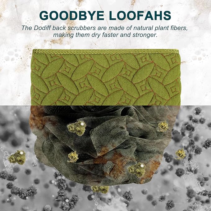 Exfoliating Back Scrubber for Use in Shower, 38.5 Inch Back Washer with Handles, Dual-Sided Body Exfoliator for Daily & Deep Skin Cleaning, Bath Back Scrub Washcloth for Men & Women (Green)