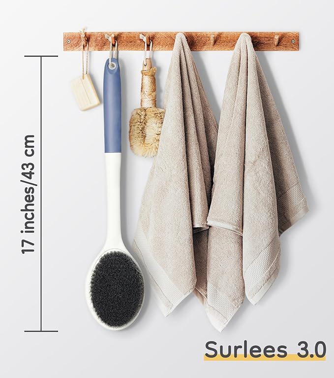 surlees Back Scrubber for Shower for Men & Women 17" | Body Brush for Wet & Dry Brushing | Exfoliating Body Scrubber & Back Brush | Shower Brush with Long Handle for Cellulite & Acne