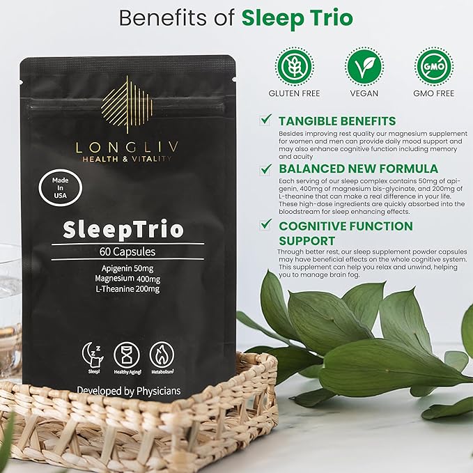 Sleep Trio - Made in USA Magnesium Apigenin L-Theanine Capsules β Premium 3-in-1 Cocktail for Sleep Management - Sleep Cocktail β Without Melatonin - 60 Capsules