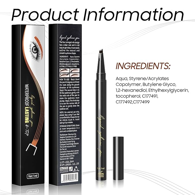 Eyebrow Pencil Eyebrow Microblading Pen - Eye Makeup Brow Pen Liquid Pencil with 4 Micro-Fork Tip, Waterproof & Long-Lasting & Smudge-Proof Brow Pencil, Voluminous Hair Stays on All Day (Light brown)