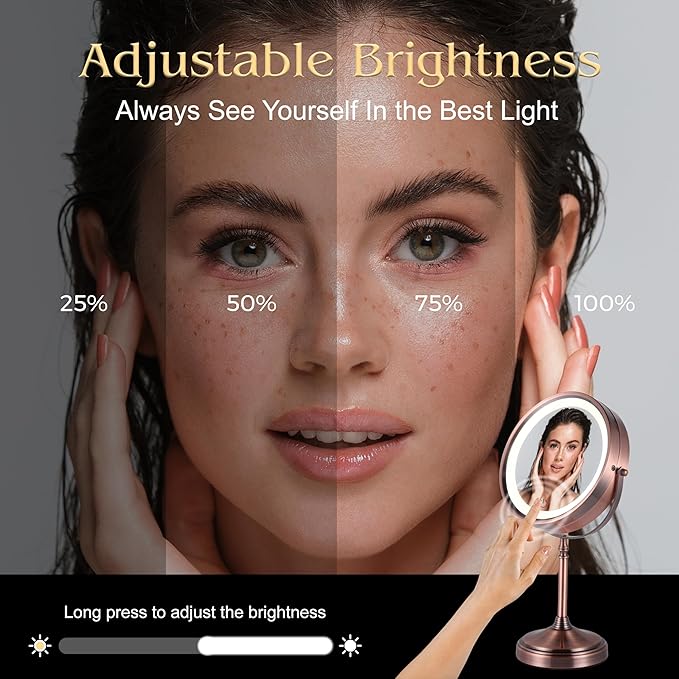 MIRRORVANA Lighted Make Up Mirror with 15X Magnification - 15X & 1X Double Sided LED Makeup Mirror with 3 Lighting Modes, Rechargeable Battery with USB Cable - 8" Wide & 15" Tall (Antique Bronze)