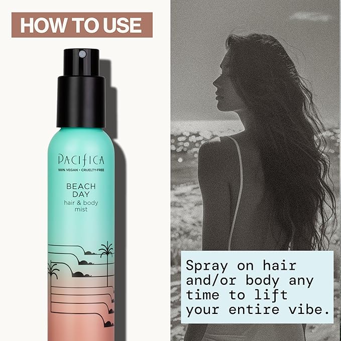 Pacifica Beach Day Hair Mist Perfume & Full Body Spray for Women - Body Mist Fragrance w/Bergamot, Orange Flower, Sandalwood, Amber, Musk & Suede Leather β Clean Beauty Alcohol-Free, Vegan 5 oz