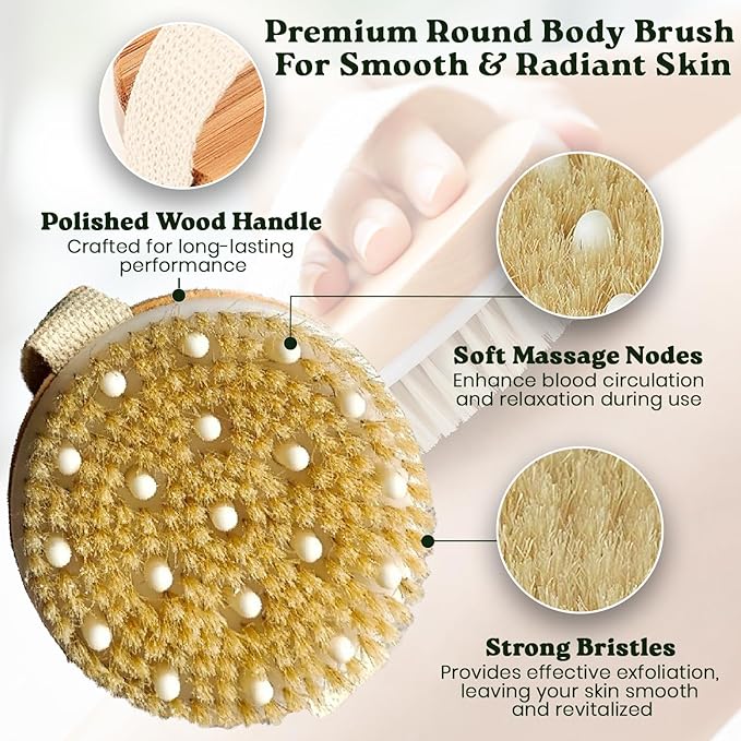Large Dry Brushing Body Brush - Natural Boar Bristle Brush for Lymphatic Drainage, Cellulite, Blood Circulation - Eco-Friendly Skin Massage Nodes for Detox, Flawless Skin, Exfoliating Body Scrubber