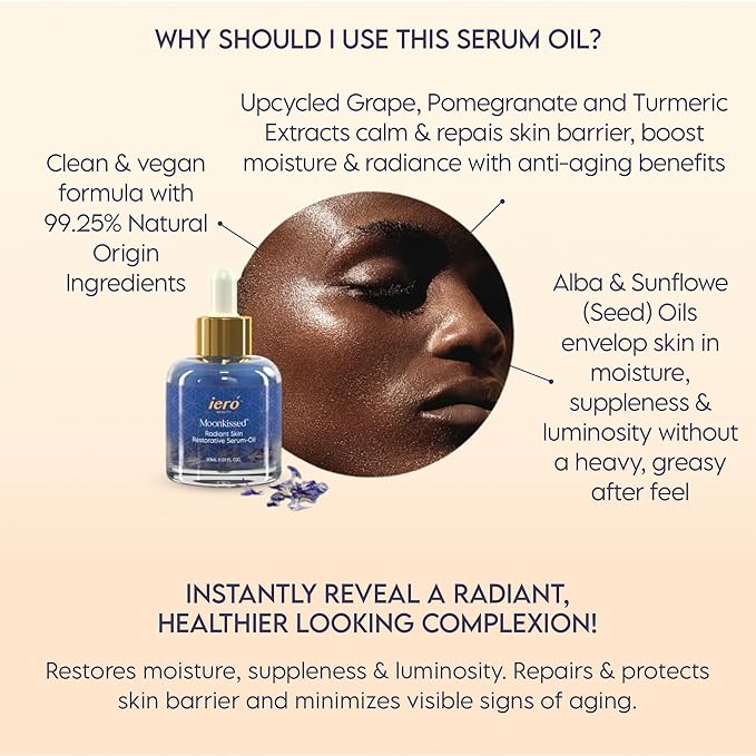 ierΓ³ Beauty Moonkissed Radiant Skincare Restorative Serum Oil | Face Moisturizer | Hydrating Face Oil Treatment | Anti Aging | Restore Suppleness | All Skin Types | 1 FL OZ/30ML | Made in Italy