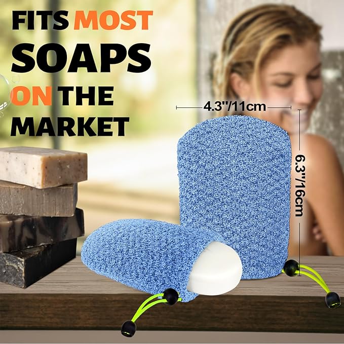 MIG4U Exfoliating Soap Bag for Shower 2 Pieces - Bar Soap Saver Pouch, Bamboo Body Scrubber Exfoliator Pocket in Travel Bathing, Blue