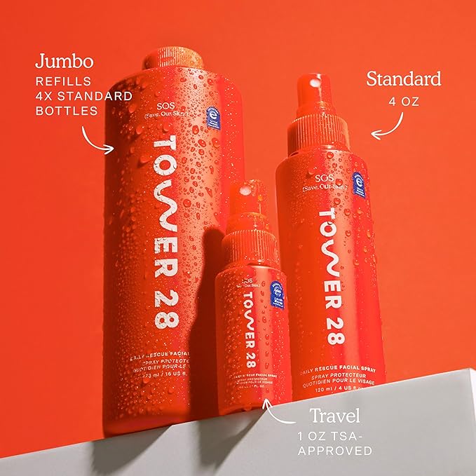 Tower 28 SOS Daily Rescue Facial Spray for Sensitive Skin, Hypochlorous Acid Spray Helps Reduce Redness and Breakouts, Travel Size Toner for Face, 1 FL Oz