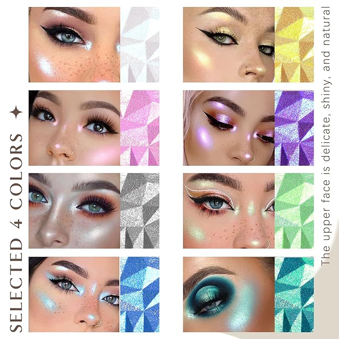 8 Colors Face Highlighter Makeup Palette Diamond Glitter iluminadores de maquillaje, Intense-Color Chameleon Eyeshadow Rainbow Shimmer Highlighter Metallic Contour Bronzer Palette