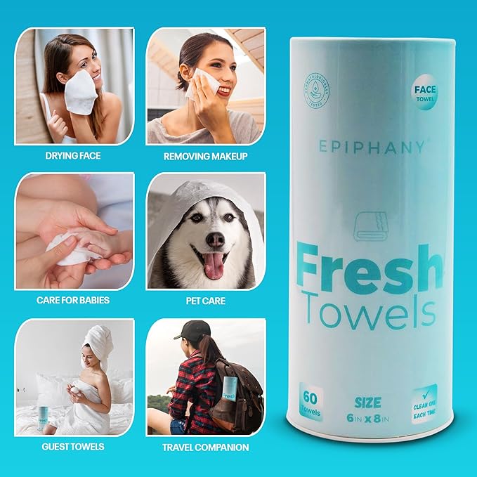 Epiphany Fresh Towels, Dry Disposable Face Towels β 60 Cotton-Feel Clean Tissues for Skin Care. Lint-Free Makeup Remover Cloths. 6x8 Inch Biodegradable Face Wash Cloths, Gentle on All Skin Types