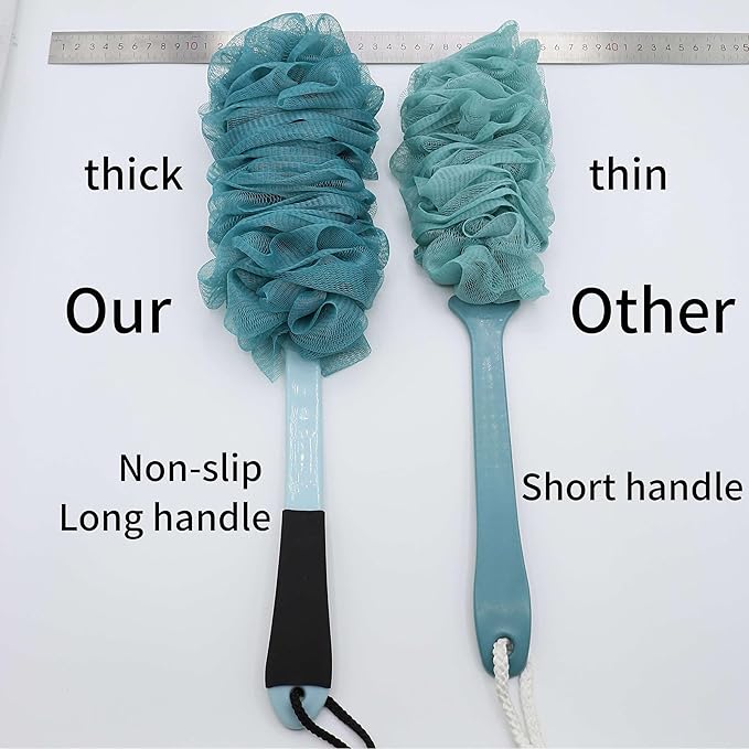 2Pack Back Scrubber for Shower, Loofah with Handle, Back Loofah Non-Slip Handle, Bath Body Brush, Scrub Cleaning Brush for Shower, Soft Mesh Sponge On a Stick for Men Women Elderly (Two White)