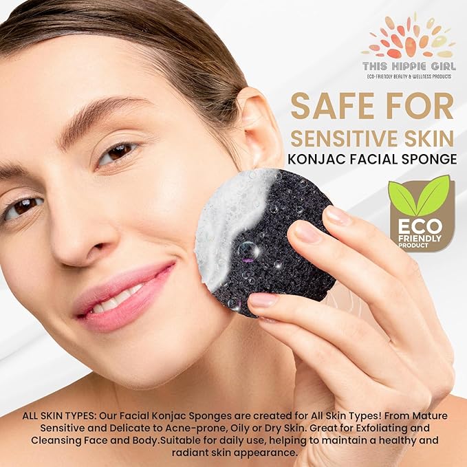 This Hippie Girl | Konjac Exfoliating Organic Facial Sponge | Plant Based Gentle Exfoliating Face Scrubbie | Acne Control Sponge | Charcoal Black (Black)