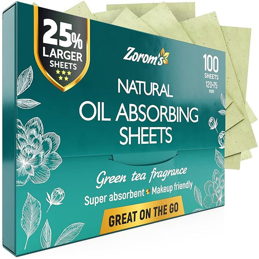 Natural Green Tea Oil Blotting Sheets for Face - 25% Larger - 100 Makeup Friendly Blotting Papers for Face - Easy Dispensing Oil Absorbing Sheets