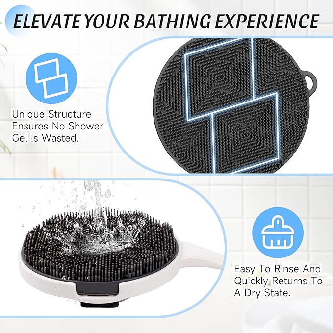 Silicone Back Scrubber for Shower, 15.68'' Detachable Long Handle Bath Brush with Soft Loop Bristles for Deep Cleansing & Gentle Exfoliation, Wall Mounted Body Brush, Men & Women