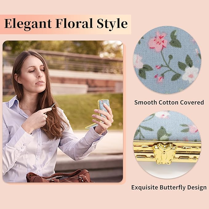 VOCOSTE Floral Compact Mirror - Folding Mini Travel Pocket Mirror for Women, Blue, Square