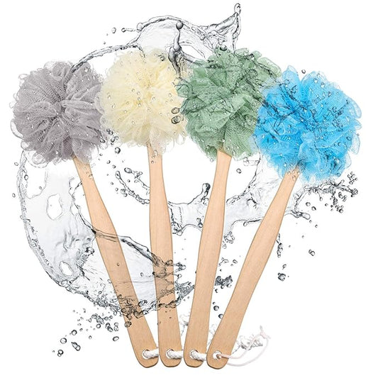4 Pieces Loofah Back Scrubber Bath Sponge with Wooden Handle Long Handle Sponge Mesh on a Stick for Shower Exfoliating Bath Body Brush Luffa Back Brush for Women Men