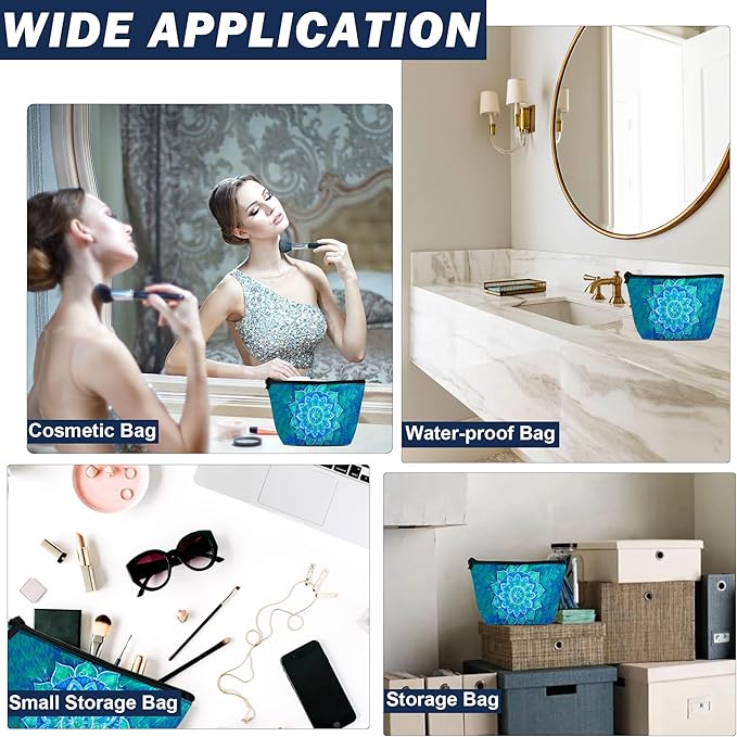 Makeup Bag Abstract Blue Mandala Cosmetic Bag for Women, Waterproof Large Capacity Travel Toiletry Organizer 9.5×5.9 Inch