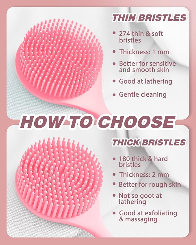 Manmihealth Silicone Back Scrubber for Shower(Thick Bristles), Body Scrubber with 15'' Long Handle, Light & Easy-to-Hold Shower Brush for Skin Exfoliating and Massaging, Not Good in Lathering.(Pink)