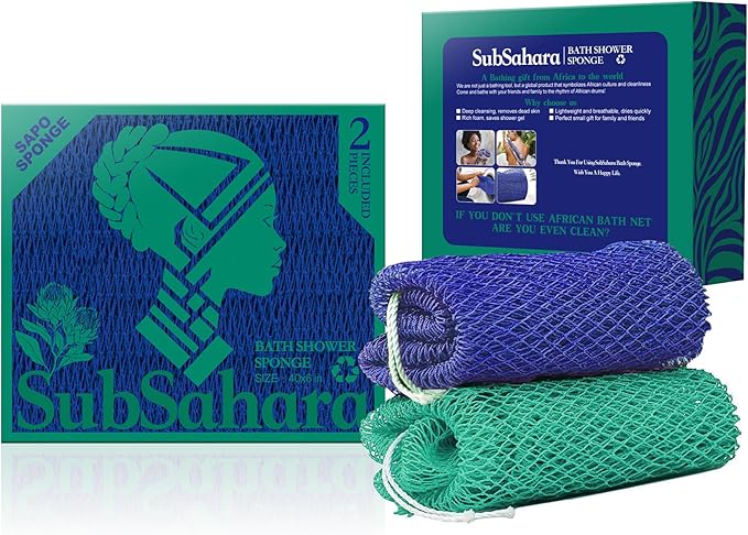 SubSahara Authentic African Net Sponge - 2 Pieces Exfoliating Scrubber for All Skin Types, Bath Sponge for Face & Body, Travel Portable, Durable, Gentle Exfoliation (Dark Blue & Forest Green)