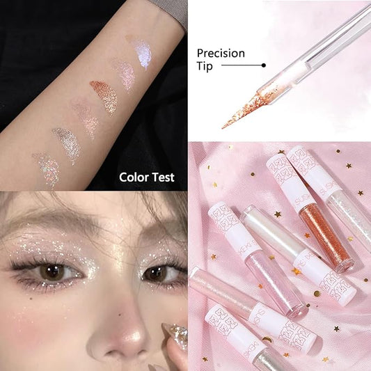 6Pcs Liquid Glitter Eyeshadow Eyeliner, Korean Makeup, Bling Under Eye Shadow, Shimmer Eye Make Up Valentine's Gift Set,Long Lasting,Quick Drying & Pigmented Loose Glitter Glue for Crystals Makeup