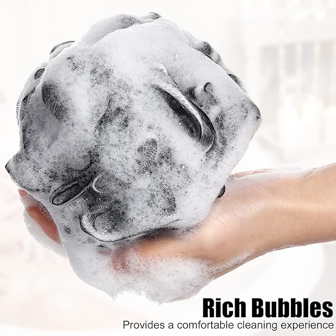 Shellwei 32 Pcs Bath Sponge Shower Loofahs Bulk 60 g Charcoal Body Shower Sponge Large Mesh Puff Soft Scrubber for Men and Women Exfoliating Pouf Balls with Bathing Accessories(Black White)