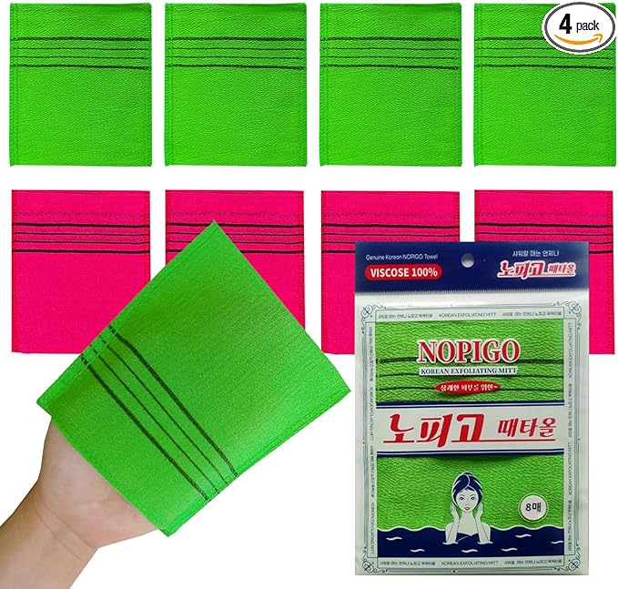 Korean Asian Exfoliating Bath Washcloth Mitt for Remove Dead Skin.Exfoliating Body Scrubber.Exfoliating Gloves for Body Scrub (Green4 Red4)