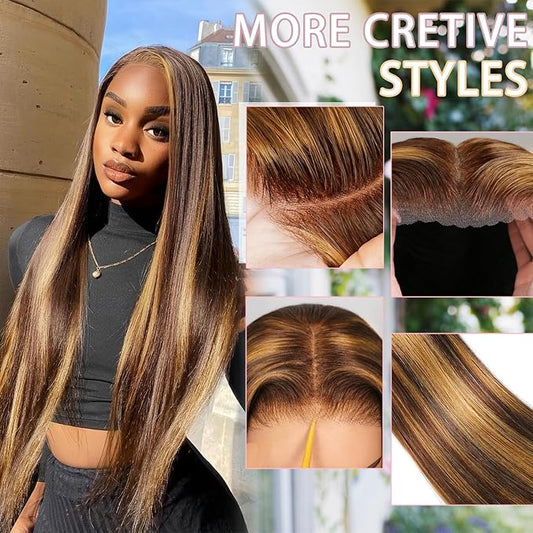 Highlight Human Hair Wigs Balayage Brown Highlight 7X5 Lace Front Bye Bye Knots Glueless Wigs Human Hair Pre Plucked Pre Cut Bleached Knots Pre Everything Put on and Go Wig 28 inch