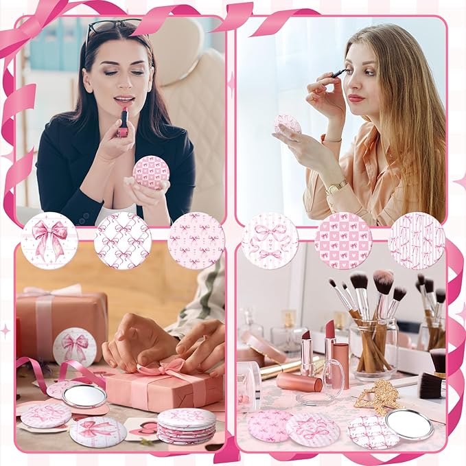Geelin 12 Pcs Pink Compact Mirror Bulk Coquette Portable Aesthetic Mini Mirror Bulk Pink Bow Party Favors for Purse Pocket Travel Present Women Birthday Gift Wedding Bridal Shower Grad Mom