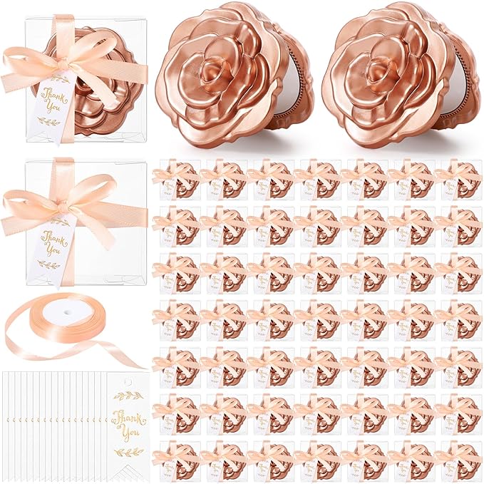 100 Set Rose Compact Mirrors Bulk Wedding Party Favors Including Rose Mirrors Thank You Tags Plastic Clear Boxes with Ribbons for Wedding Bridal Shower Party Guests Souvenir Gift